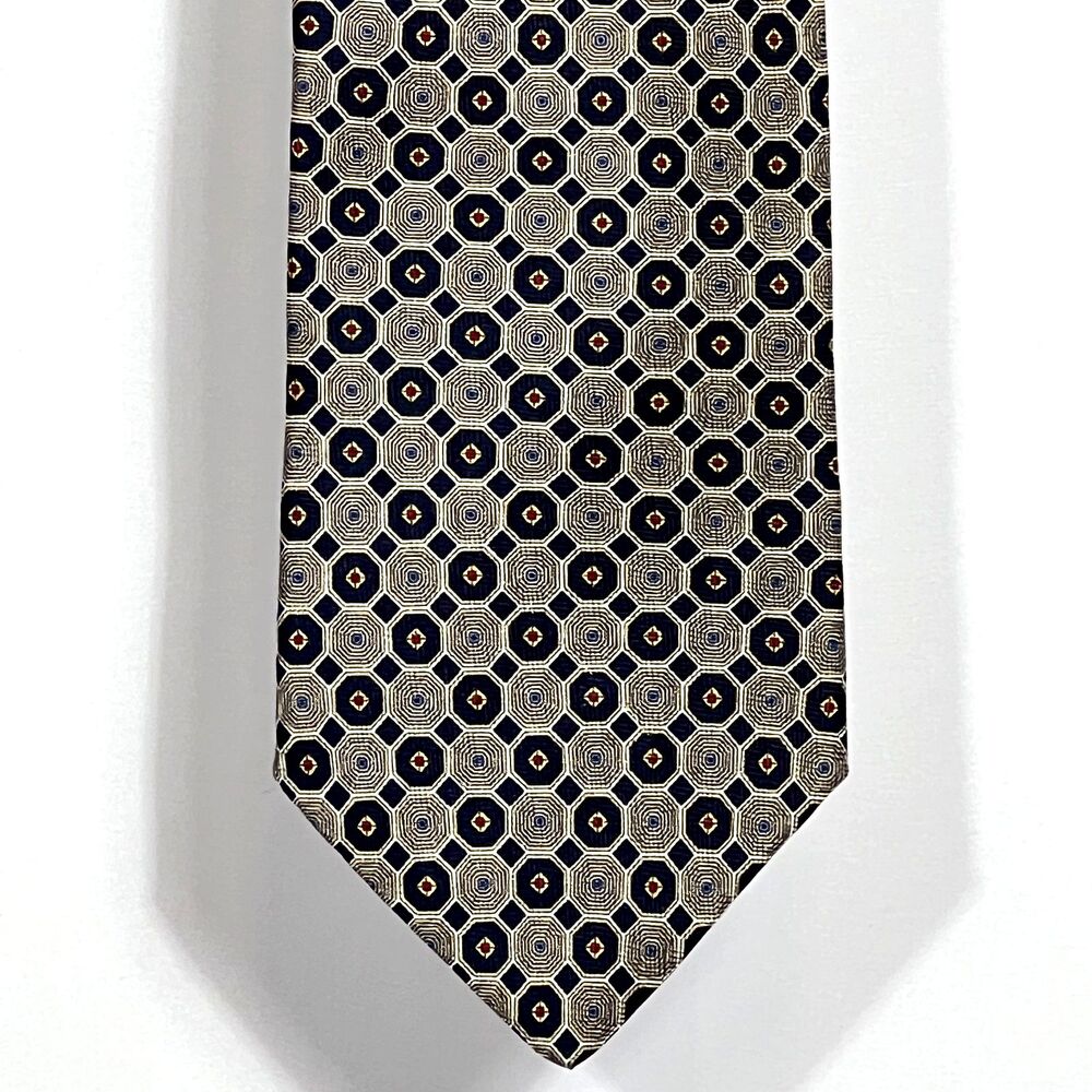 Geoffrey Beene Classic Silk Tie 3.75" x 57" Navy Gold Geometric Made in USA